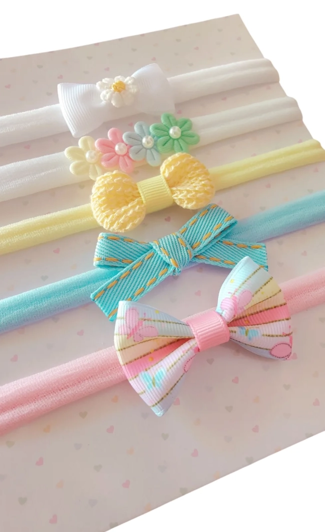 Kit 5 Faixinhas para Bebê - Laços Recém-Nascida RN - Saída de Maternidade - Enxoval de Menina - Ensaio Newborn