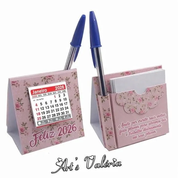 Mini Calendário de Mesa com Bloquinho e Caneta