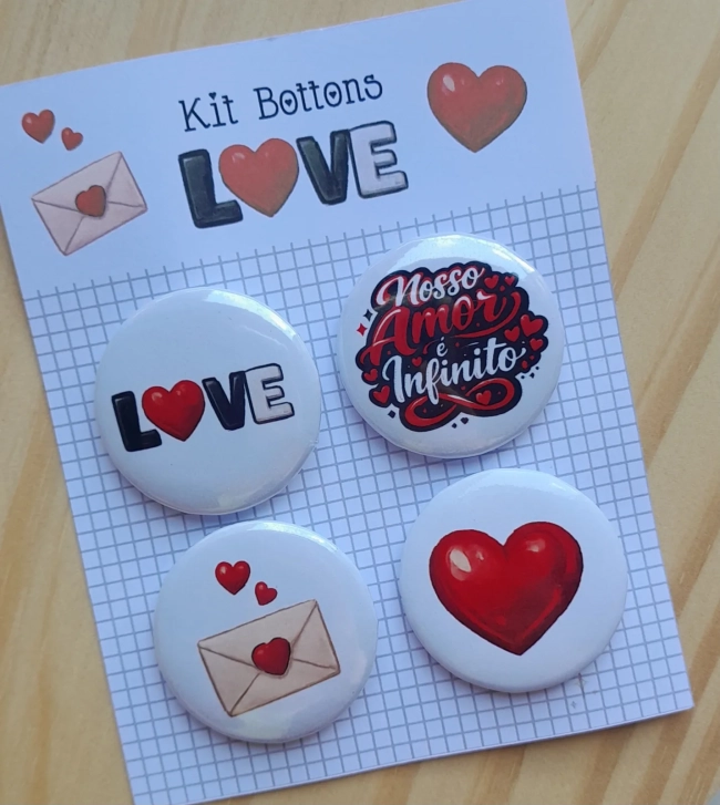 Cartela c/ 04 Bottons Tema Love