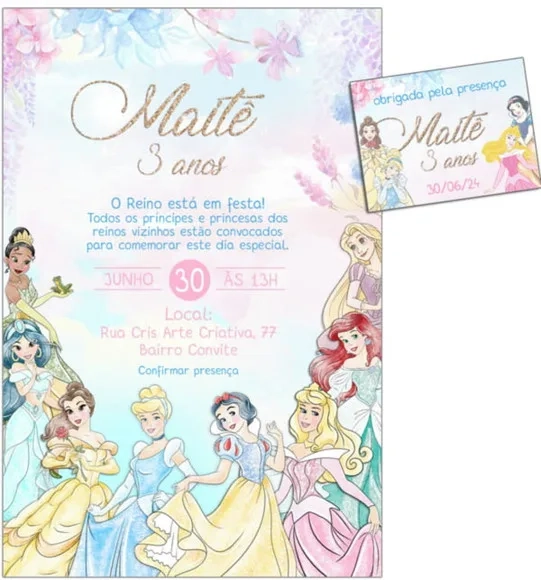 Convite Digital C/tag Princesas Disney Aquarela Candy