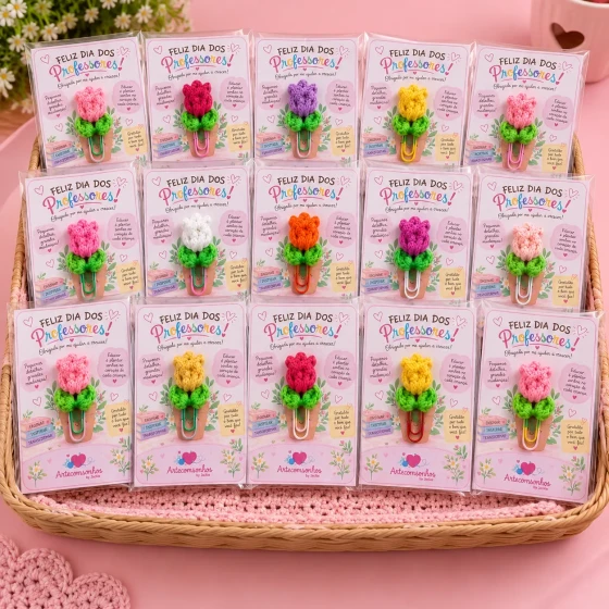 Kit 20 Lembrancinhas Dia dos Professores | Clip Tulipa com Card