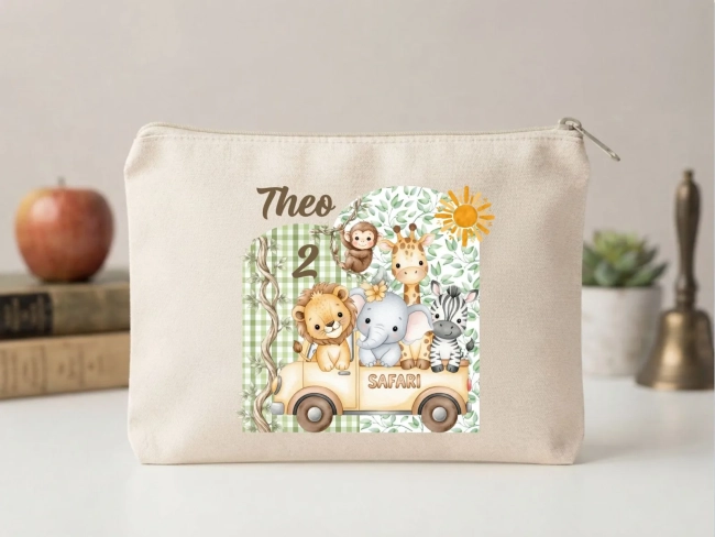 Lembrancinha Nécessaire Personalizada Algodão Cru 20x15 Estampa DTF Safari Baby