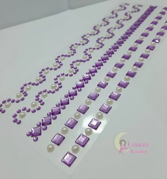 Cartela Adesiva c/ Strass e Meia Pérola Roxo e Branco- 2 uni