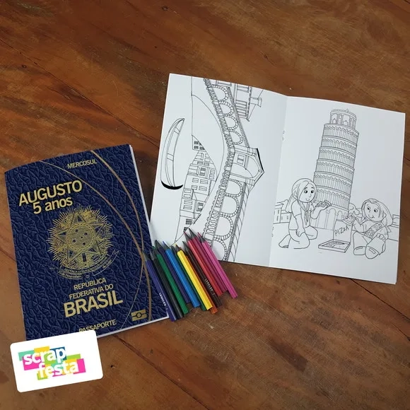 Revista Colorir+embalagem+lápis de Cor Viagem Passaporte