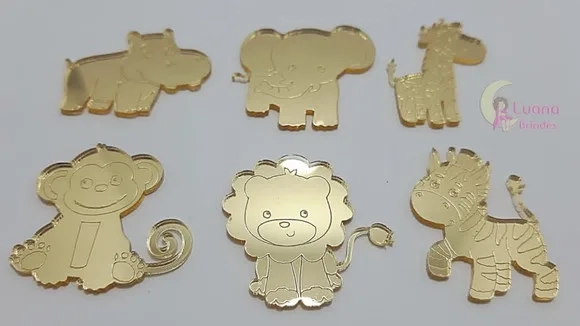 Apliques Animais Safari de Acrílico Espelhado Dourado -6 Uns