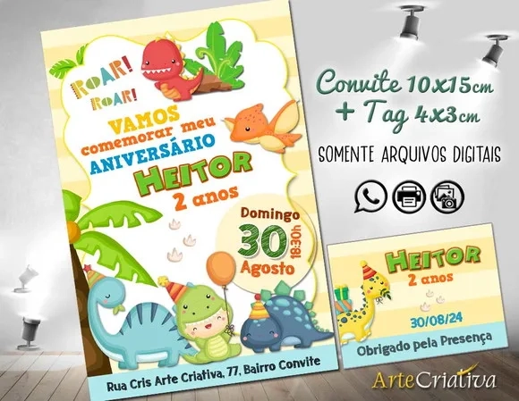 Convite Digital C/tag Dinossauro Cute 3