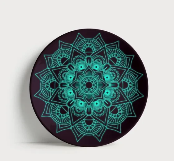 Prato Decorativo Mandala Neon Turquesa