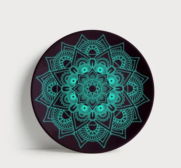 Prato Decorativo Mandala Neon Turquesa