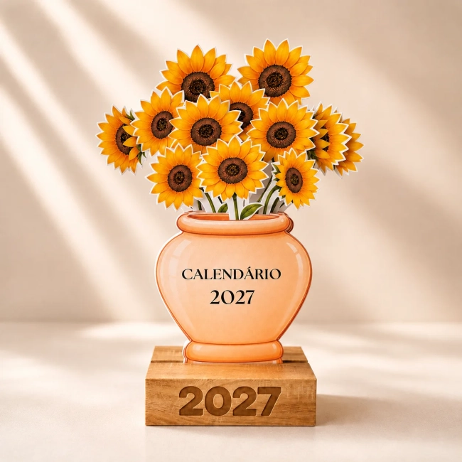 Calendário de Mesa 2027 Vaso de Flores Girassol