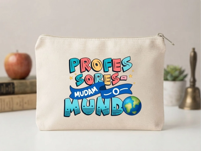 Lembrancinha Nécessaire Personalizada Algodão Cru 20x15 Estampa DTF Dia dos Professores Frase