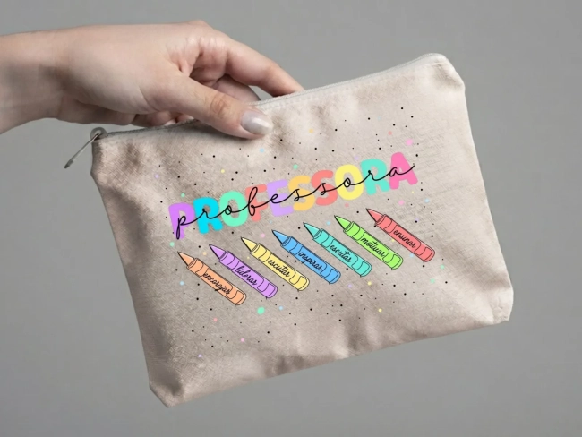 Lembrancinha Nécessaire Personalizada Algodão Cru 20x15 Estampa DTF Dia dos Professores Giz de cor