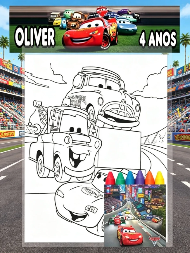 Kit Colorir com Giz de Cera  Personalizado dos Carros Disney