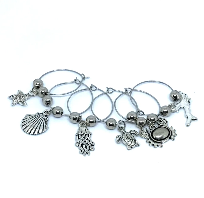Marcadores de Taças e Copos em Metal Tema vida marinha- para Festas e Jantares Kit com 6 aros