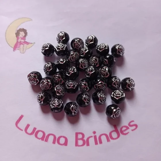 Bolinha Preta com Flor Prata 8mm Pct 100 Unidades