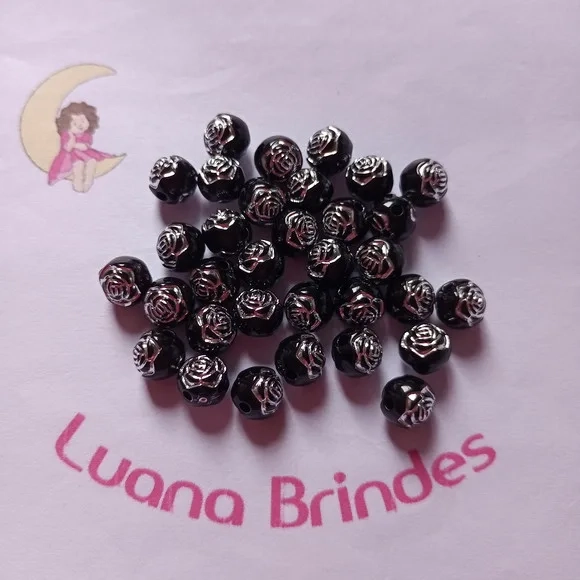 Bolinha Preta com Flor Prata 8mm Pct 100 Unidades