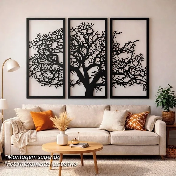 Trio Quadros Decorativos Vazados Árvore da Vida 3d Preto mdf