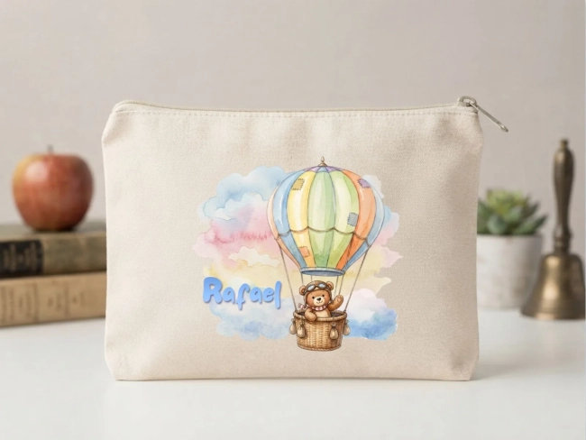 Lembrancinha Nécessaire Personalizada Algodão Cru 20x15 Estampa DTF Ursinho Balão