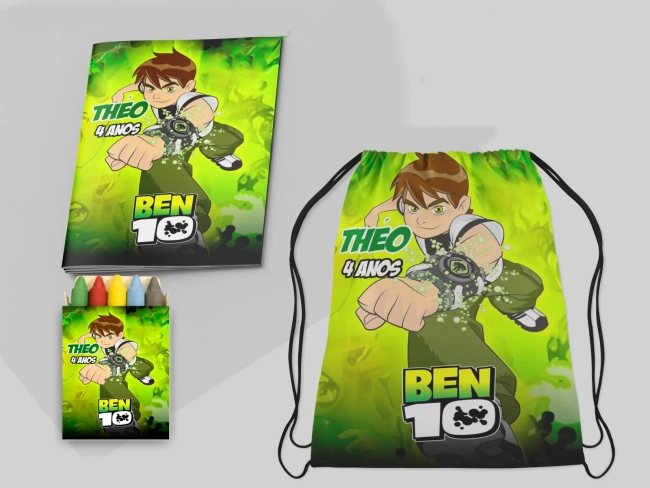 Kit Mochila e Revista de colorir para lembrancinhas do Ben 10