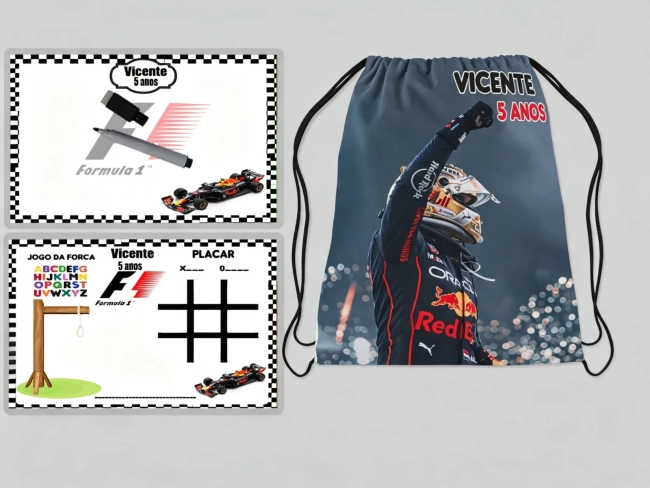 Kit Mochila e Lousa Magica para lembrancinhas Carros de corrida F1