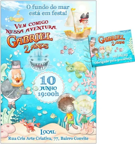 Convite Digital C/tag Bita Fundo do Mar Aquarela 2