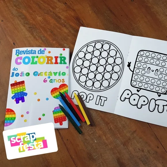 Revista Colorir + Giz Cera Personalizado Festa Pop It