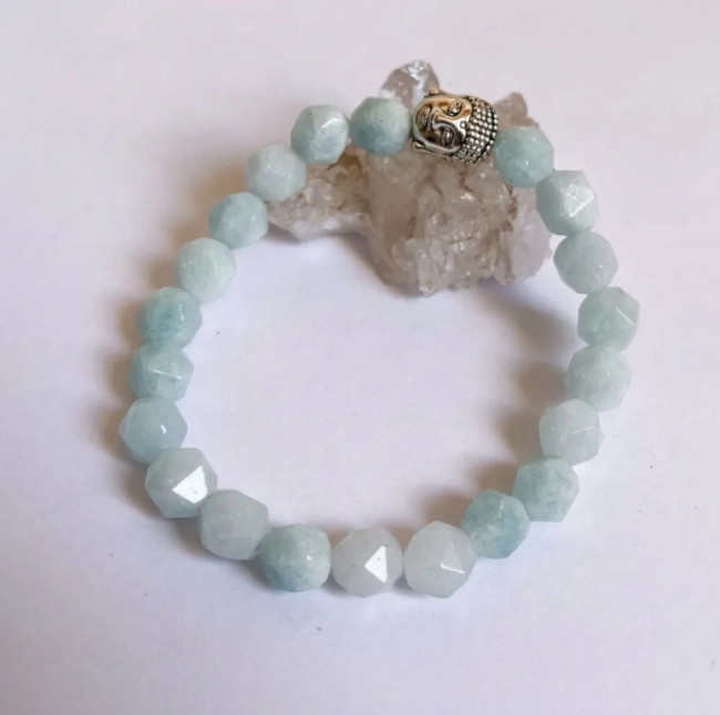 Pulseira Japamala 21 Contas Água Marinha Leitosa Facetada com Buda