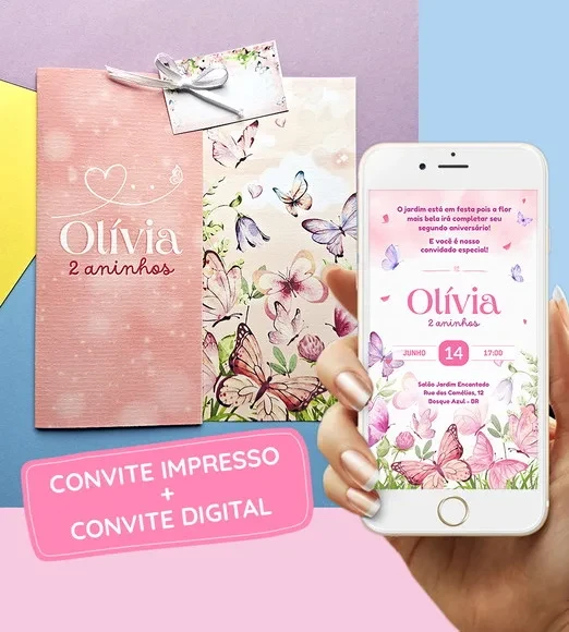 Kit Convite Impresso + Digital - Jardim das Borboletas