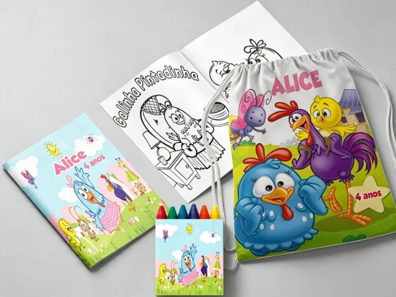 Kit Mochila e Revista de colorir para lembrancinha da Galinha Pintadinha