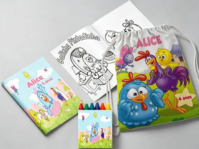 Kit Mochila e Revista de colorir para lembrancinha da Galinha Pintadinha