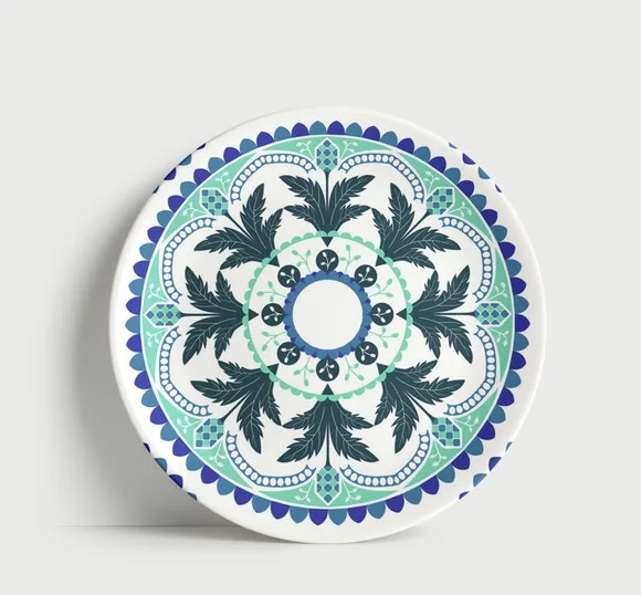 Prato Decorativo Mandala Botânica Azul e Menta 21cm Porcelan