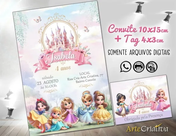 Convite Digital C/tag Princesas Disney Aquarela
