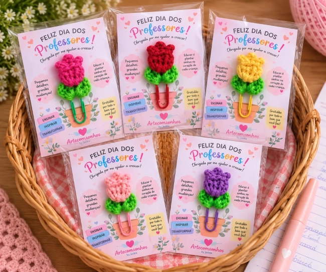 Kit 5 Lembrancinhas Dia dos Professores | Clip Tulipa com Card