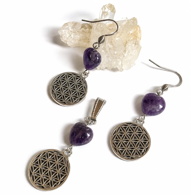 Conjunto Místico Brinco e Pingente Mandala Flor da Vida com Ametista Coração