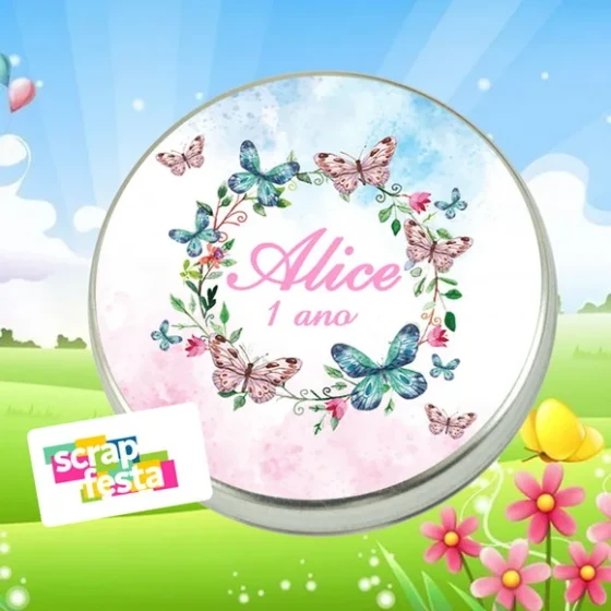 Latinha Personalizada Jardim Encantado Borboleta Aquarela