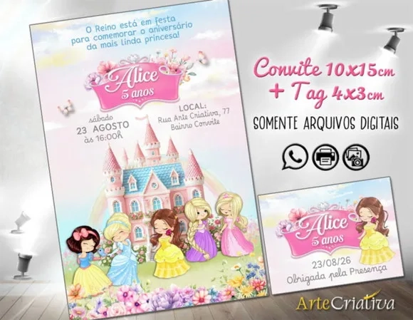 Convite Digital C/tag Princesas Disney Aquarela