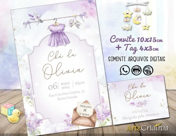 Convite Digital C/tag Chá de Bebê Menina Lavanda
