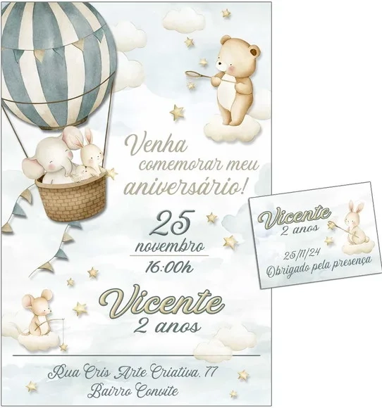 Convite Digital C/tag Animais no Balão Menino