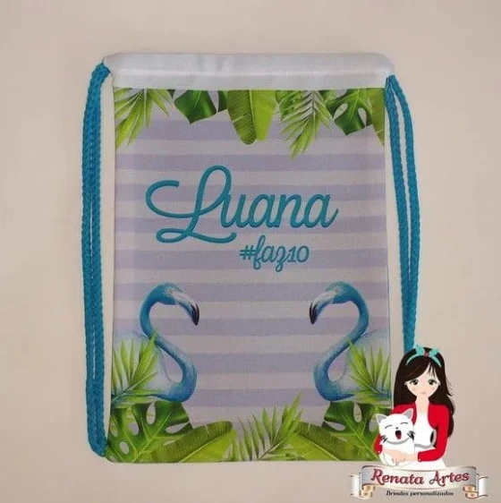 Mochila de Tecido Personalizada Tema Flamingo Azul