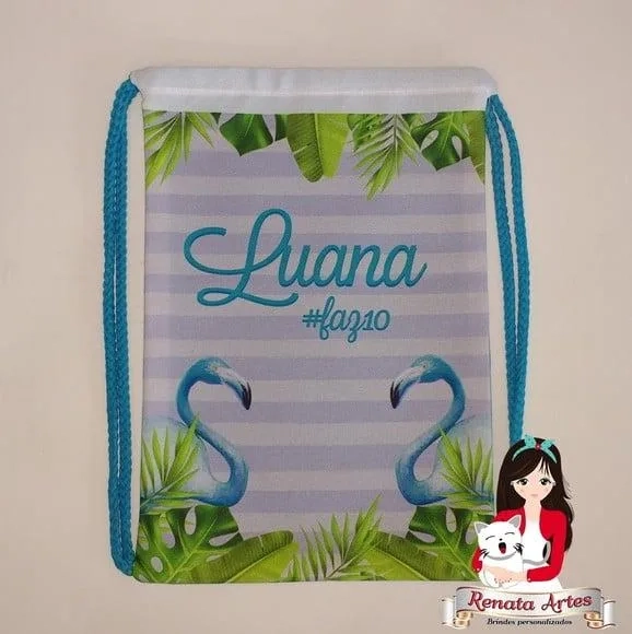 Mochila de Tecido Personalizada Tema Flamingo Azul