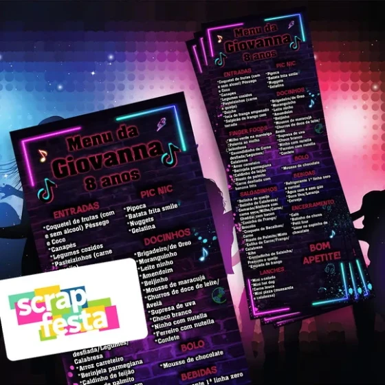 Menu Cardápio Personalizado Festa Balada Neon Music