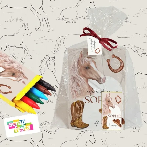 Revista Colorir+embalagem+giz Cera Festa Cavalos