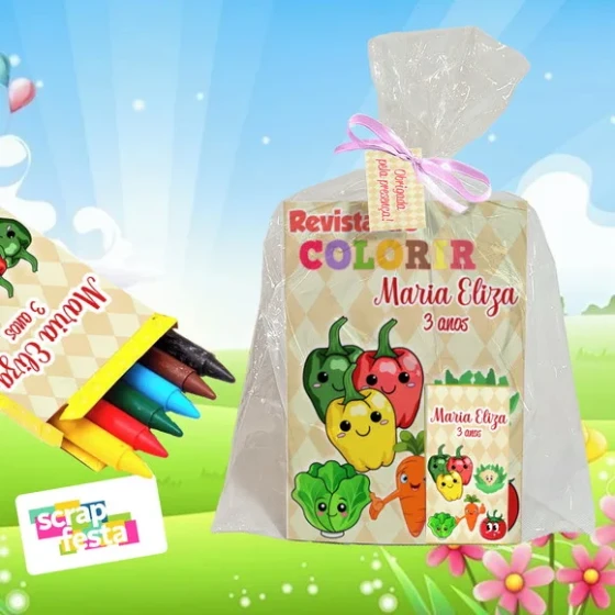 Revista Colorir+embalagem+giz de Cera Festa Quitanda Frutas