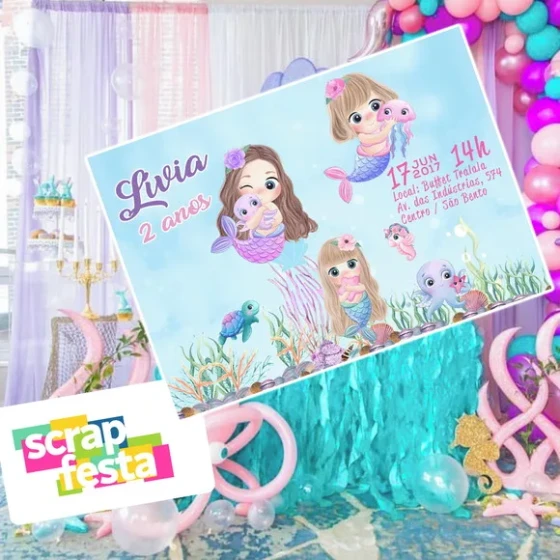 Convite Impresso Personalizado Festa Sereia Aquarela