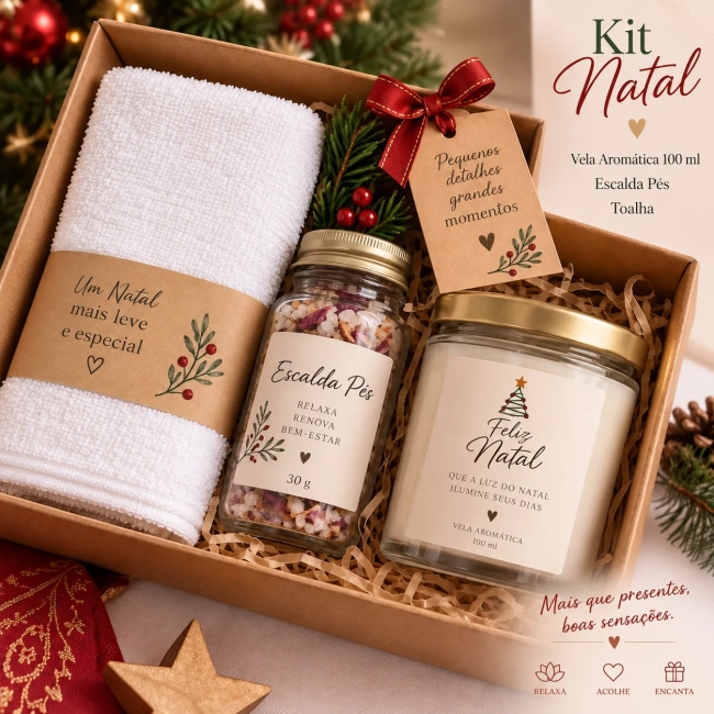 Kit Presente de Natal com Vela Aromática, Escalda-Pés e Toalha
