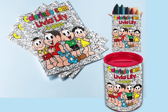 Kit Revista de colorir  e Cofrinho Personalizado da Truma da Mônica