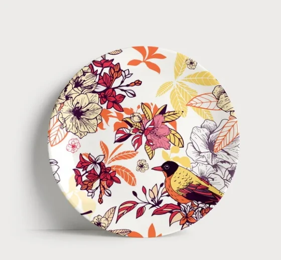 Prato Decorativo Pássaro e Floral Moderno - Porcelana 21cm