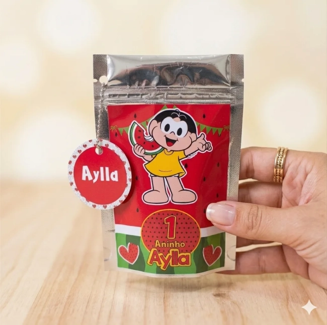Saquinho Metalizado ziplock Magali lembrancinhas festa aniversario infantil Personalizado