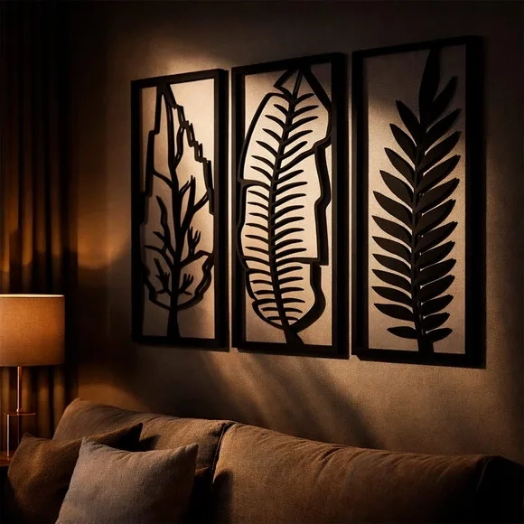 Trio Quadros Decorativos Vazados Folhagem Tropical 3d Preto