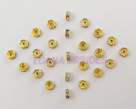 Rondela de Metal Dourado com Strass - 6mm - pct com 13 unid