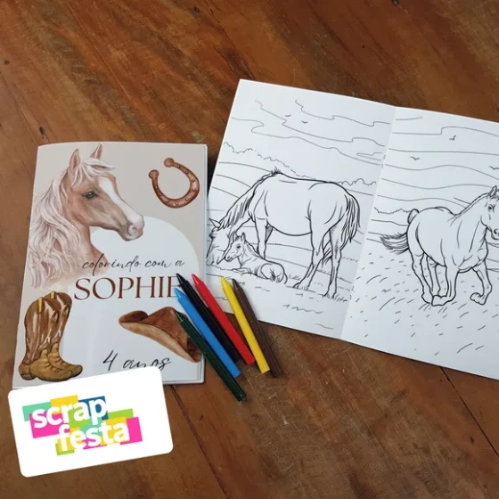 Revista Colorir + Giz de Cera Personalizado Festa Cavalo